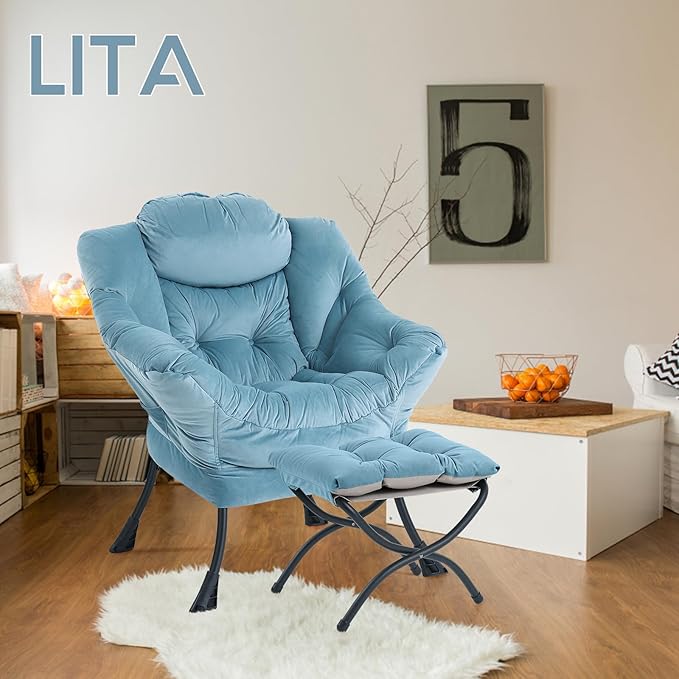 LITA Lazy Chair with Ottoman, Modern Accent Leisure Upholstered Sofa Chair, Contemporary Lounge Reading Chair with Armrests and a Side Pocket for Living Room, Bedroom & Small Space, Light Blue - LeafyLoom