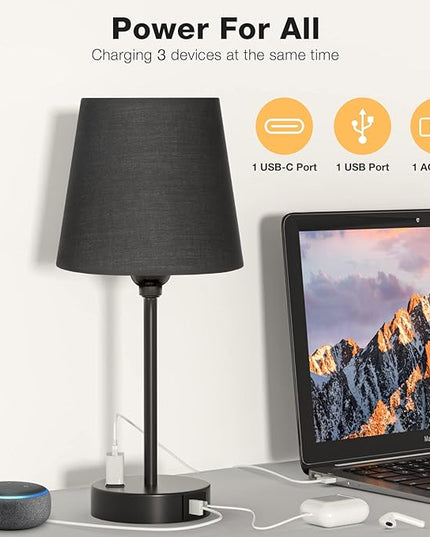 Black Bedroom Lamp Set with USB Charging - Dimmable Touch Control, AC Outlet - LeafyLoom