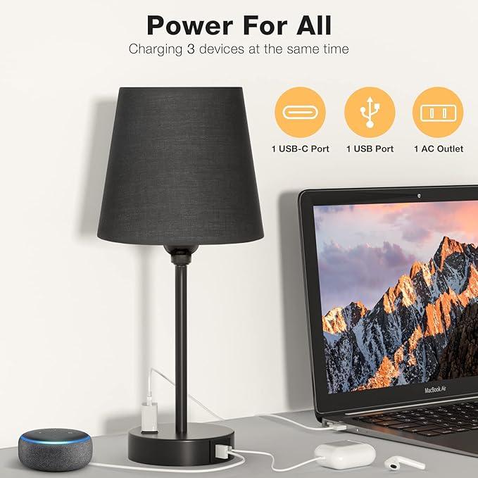 Black Bedroom Lamp Set with USB Charging - Dimmable Touch Control, AC Outlet - LeafyLoom