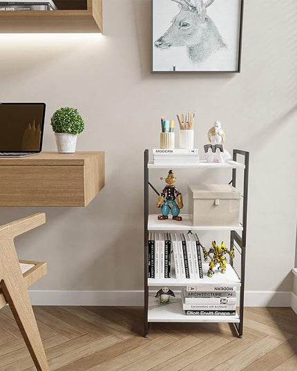 4 Tiers Bookshelf Adjustable White Faux Marble Organizer, Modern Small Bookcase for Small Space,Industrial Wooden Storage Display Rack and Storage Organizer for Living Room Home Office - LeafyLoom