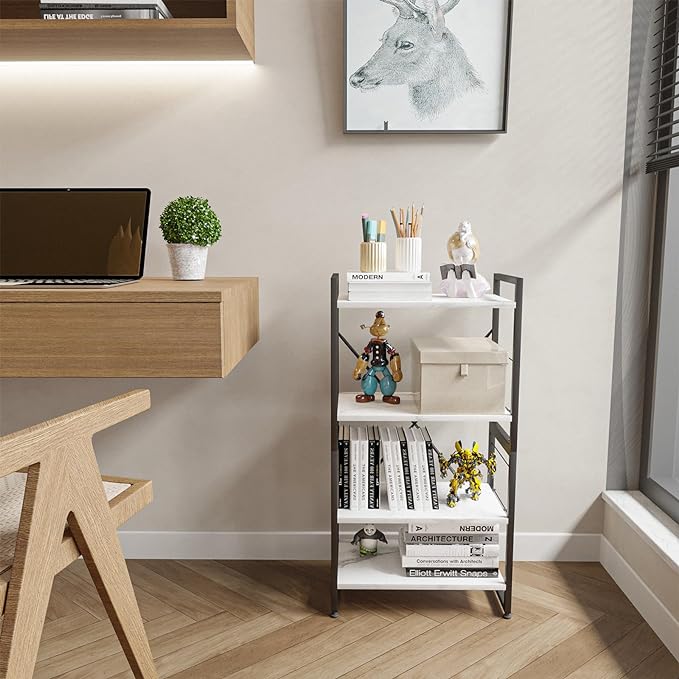 4 Tiers Bookshelf Adjustable White Faux Marble Organizer, Modern Small Bookcase for Small Space,Industrial Wooden Storage Display Rack and Storage Organizer for Living Room Home Office - LeafyLoom