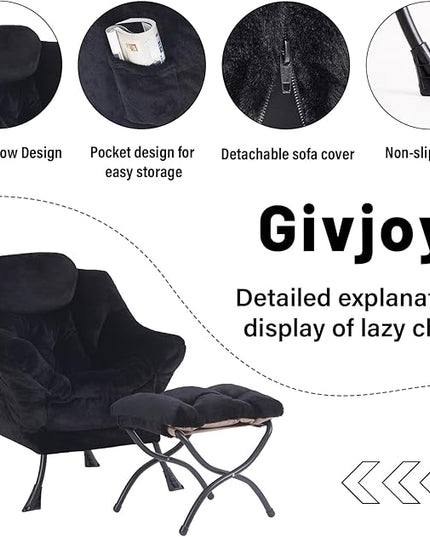Plush Lazy Chair and Ottoman, Large Contemporary Accent Lounge Chair with Armrests and a Side Pocket, Modern Leisure Upholstered Sofa Reading Armchair with Footrest for Bedroom, Living Room - LeafyLoom