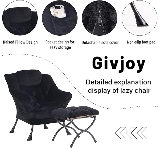 Plush Lazy Chair and Ottoman, Large Contemporary Accent Lounge Chair with Armrests and a Side Pocket, Modern Leisure Upholstered Sofa Reading Armchair with Footrest for Bedroom, Living Room - LeafyLoom