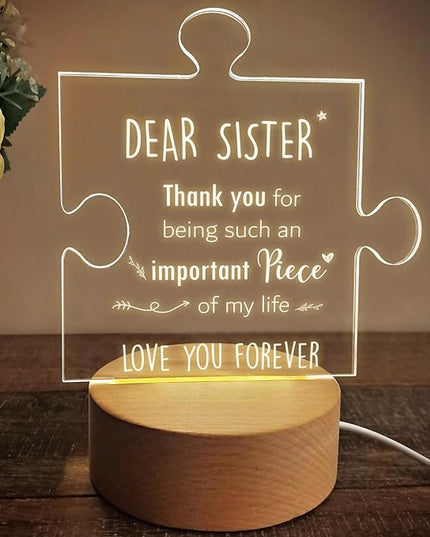 Sister Gifts | Gifts for Sister from Sister | Sister Birthday Gift Ideas | Sister Birthday Gift Ideas | Mothers Day Gifts for Sister | Wooden Puzzle Acrylic Night Light for Home Decor. - LeafyLoom