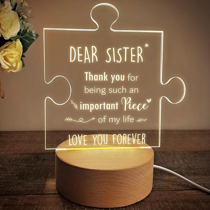 Sister Gifts | Gifts for Sister from Sister | Sister Birthday Gift Ideas | Sister Birthday Gift Ideas | Mothers Day Gifts for Sister | Wooden Puzzle Acrylic Night Light for Home Decor. - LeafyLoom