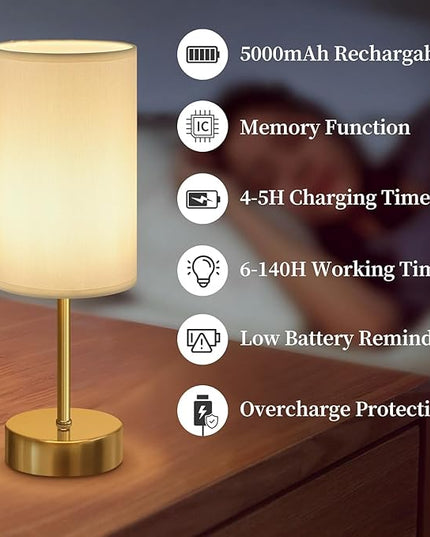 Cordless Table Lamp, Built-in 5000mAh Fast Rechargeable Table Lamp Cordless,Stepless Dimmable Battery Powered Lamp, Wireless Lamp with Memory Function, Lasting 140+H (gold) - LeafyLoom