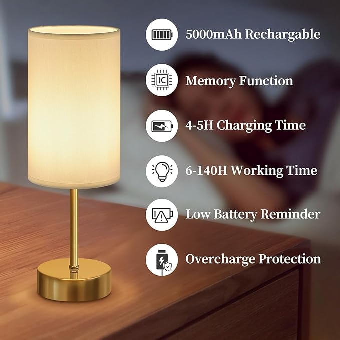 Cordless Table Lamp, Built-in 5000mAh Fast Rechargeable Table Lamp Cordless,Stepless Dimmable Battery Powered Lamp, Wireless Lamp with Memory Function, Lasting 140+H (gold) - LeafyLoom