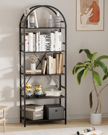 5-Tier Bookshelf, 24 Inch Width Industrial Arched Bookcase, Vintage Storage Rack with Open Shelves, Free Standing Shelf for Home Office, Living Room,Bedroom, Black - LeafyLoom