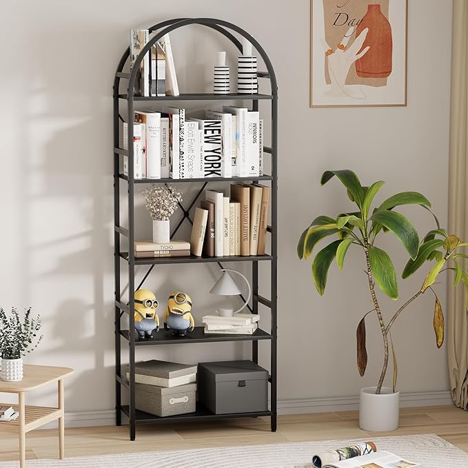 5-Tier Bookshelf, 24 Inch Width Industrial Arched Bookcase, Vintage Storage Rack with Open Shelves, Free Standing Shelf for Home Office, Living Room,Bedroom, Black - LeafyLoom
