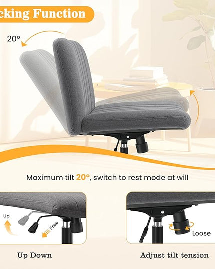 Armless Office Chair with Wheels, Ergonomic Wide Seat Fabric Cross Legged Desk Chair, Swivel Computer Chair for Home Office, Modern Vanity Chair Dark Gray - LeafyLoom