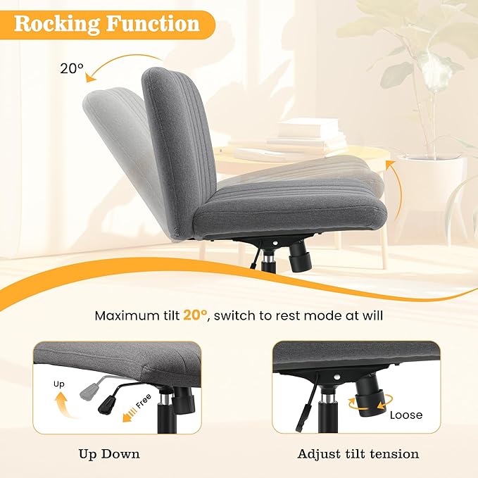 Armless Office Chair with Wheels, Ergonomic Wide Seat Fabric Cross Legged Desk Chair, Swivel Computer Chair for Home Office, Modern Vanity Chair Dark Gray - LeafyLoom