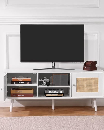 VEVOR Rattan TV Stand, Boho TV Cabinet for 55 inch TV, Mid Century Modern TV Stand, Rattan TV Console with Adjustable Shelfs for Living Room, Media Room, White - LeafyLoom