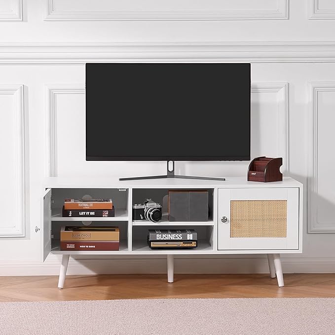 VEVOR Rattan TV Stand, Boho TV Cabinet for 55 inch TV, Mid Century Modern TV Stand, Rattan TV Console with Adjustable Shelfs for Living Room, Media Room, White - LeafyLoom