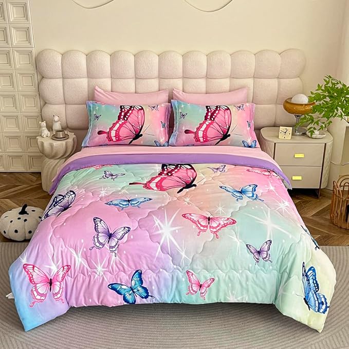 Girls Butterfly Comforter Set Bed in A Bag Twin Size 7 Piece 3D Purple Bedding Comforter Bed Set with Pillow Shams, Flat Sheet, Fitted Sheet, Pillowcases All Season - LeafyLoom