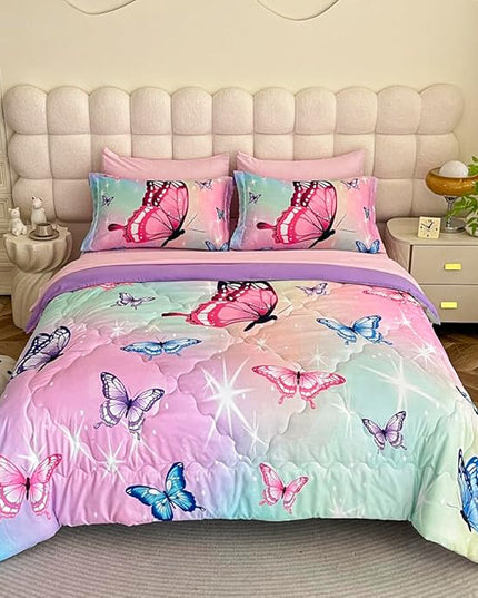 Girls Butterfly Comforter Set Bed in A Bag Full Size 7 Piece 3D Purple Bedding Comforter Bed Set with Pillow Shams, Flat Sheet, Fitted Sheet, Pillowcases All Season - LeafyLoom
