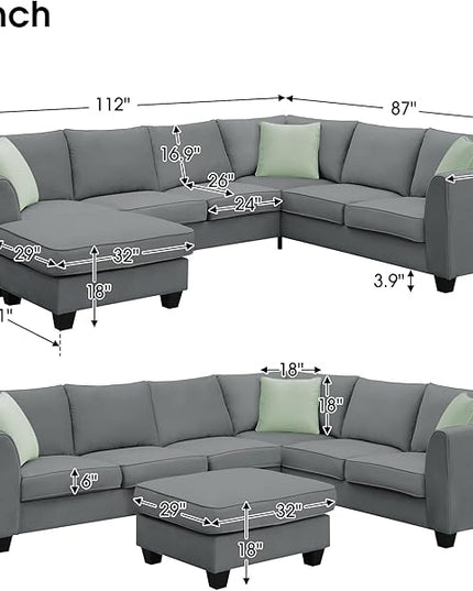 112" 7 Seats Sectional Solid Wood Sofa Sets with Ottoman,L Shape Upholstered Fabric Couch w/ 3 Pillows,for Living, Apartment,Huse or Conference Room,Grey - LeafyLoom