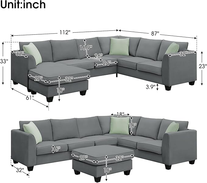 112" 7 Seats Sectional Solid Wood Sofa Sets with Ottoman,L Shape Upholstered Fabric Couch w/ 3 Pillows,for Living, Apartment,Huse or Conference Room,Grey - LeafyLoom
