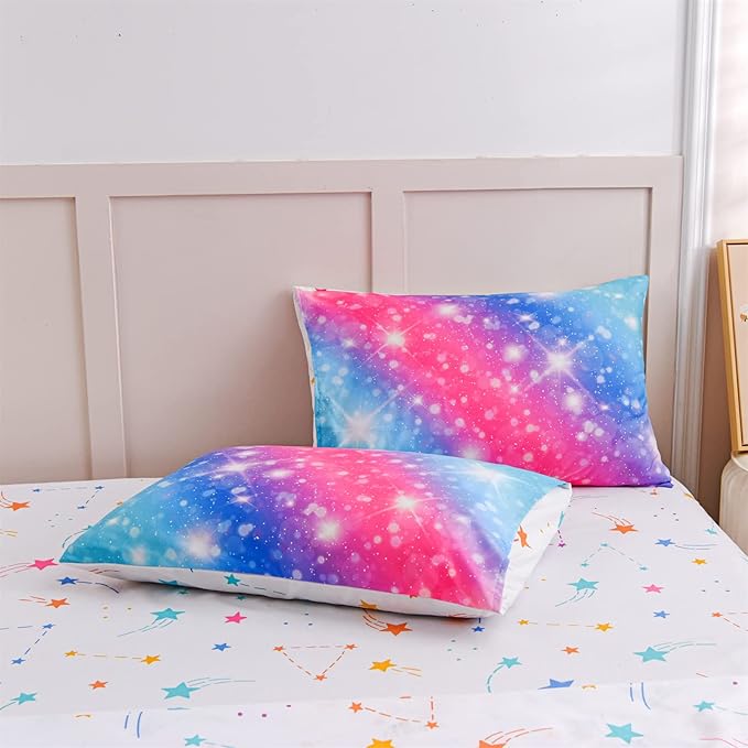 A Nice Night 6Pcs Gradient Glitter Bedding Set for Girls, Colorful Rainbow Galaxy Comforter Set, Ultra Soft Bedding Sets (Pink-Blue,Twin 6Pcs) - LeafyLoom