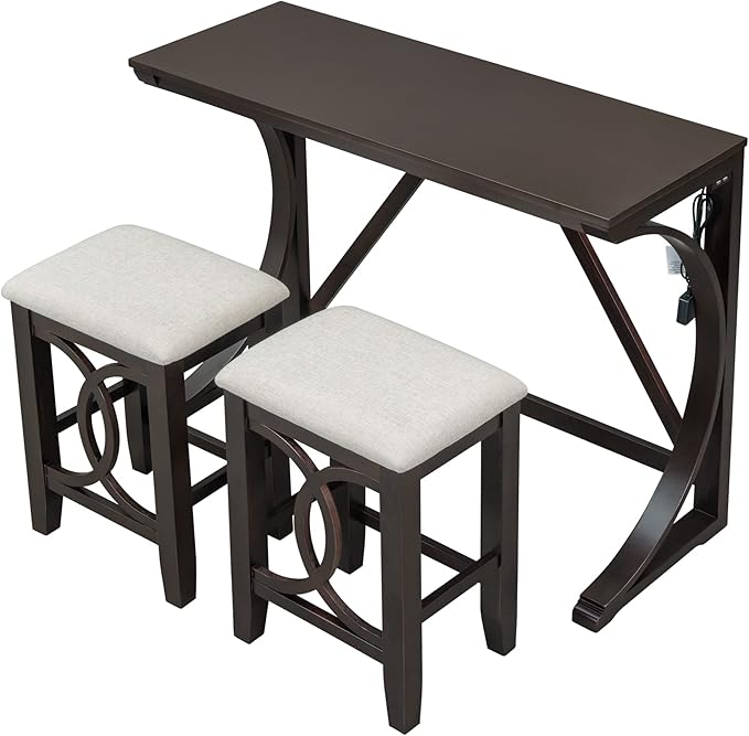 NicBex Kitchen Table for 2 Dining Table 3-Piece Counter Height Dining Table Set with USB Port and Upholstered Stools for Home, Kitchen, Dining Room, Wooden Frame, Espresso - LeafyLoom