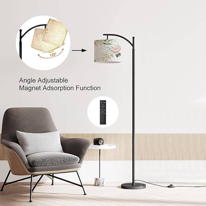 Modern Arc Floor Lamp with Dimmer Mid Century Seamless watercolor floral pink flowers green leaves branches white Metal Standing Lamp with Linen Shade Footswitch for Living Room Bedroom Office - LeafyLoom