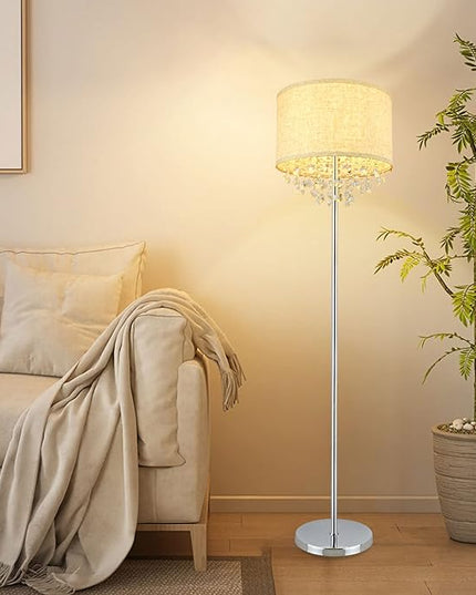 DINGLILIGHTING DLLT Crystal Floor Lamp for Living Room Modern Standing Lamp for Bedroom, Chrome Finish 64” Tall Pole LED Floor Lamp, 9W Bulb Included, Fabric Shade, Silver - LeafyLoom