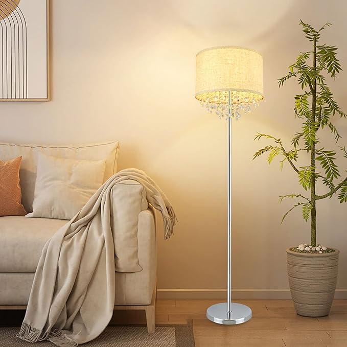 DINGLILIGHTING DLLT Crystal Floor Lamp for Living Room Modern Standing Lamp for Bedroom, Chrome Finish 64” Tall Pole LED Floor Lamp, 9W Bulb Included, Fabric Shade, Silver - LeafyLoom