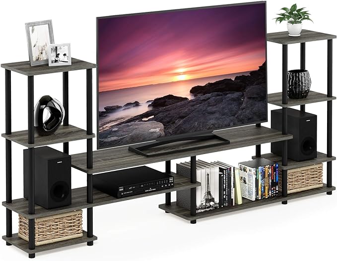 FURINNO Turn-N-Tube Grand Entertainment Center, French Oak Grey/Black - LeafyLoom