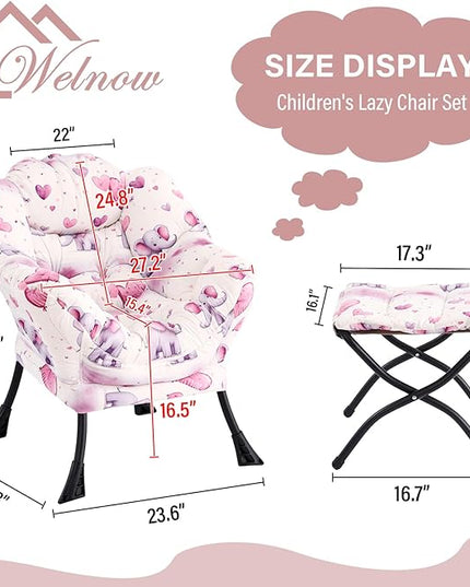 Welnow Toddler Kids Lazy Chair with Ottoman, Glow in The Dark Accent Comfy Lounge Children Armchair Couch with Removable Cover, Detachable Reading Chair with Footrest for Boy or Girl, Pink Elephant - LeafyLoom