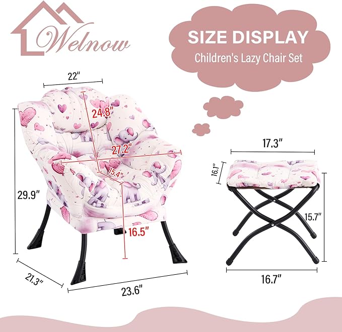 Welnow Toddler Kids Lazy Chair with Ottoman, Glow in The Dark Accent Comfy Lounge Children Armchair Couch with Removable Cover, Detachable Reading Chair with Footrest for Boy or Girl, Pink Elephant - LeafyLoom