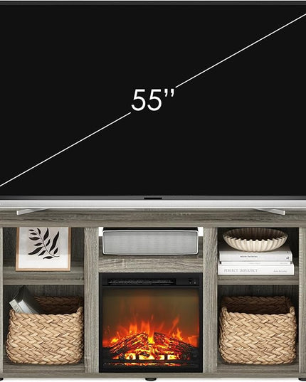Furinno Jensen Fireplace TV Entertainment Center with Open Storage Compartment for TV up to 55 Inch, French Oak Grey - LeafyLoom