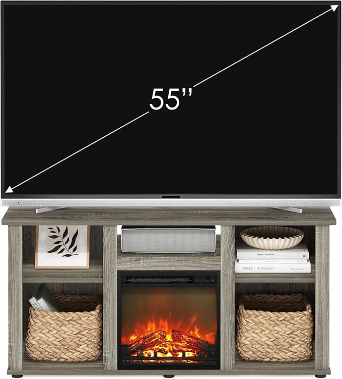 Furinno Jensen Fireplace TV Entertainment Center with Open Storage Compartment for TV up to 55 Inch, French Oak Grey - LeafyLoom