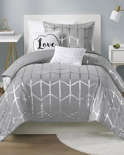 Intelligent Design Raina Twin / Twin XL Comforter Set, Soft Microfiber Comforter Set Twin, Modern Geometric Metallic Bed Set, 4 Pieces College Bedding Comforter Set with 1 Sham, 2 Toss Pillows Grey - LeafyLoom