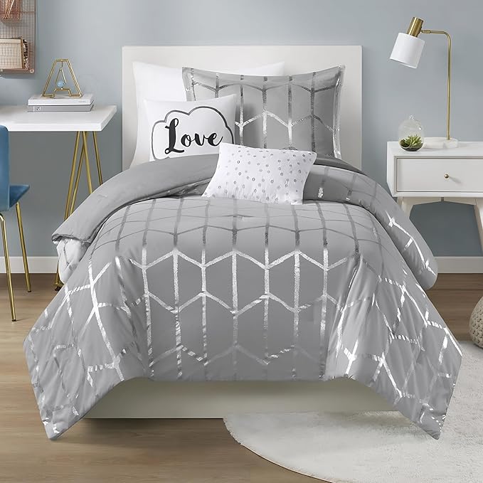 Intelligent Design Raina Twin / Twin XL Comforter Set, Soft Microfiber Comforter Set Twin, Modern Geometric Metallic Bed Set, 4 Pieces College Bedding Comforter Set with 1 Sham, 2 Toss Pillows Grey - LeafyLoom