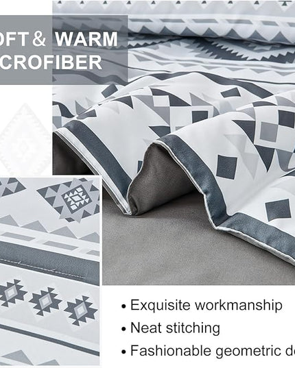 Dinjoy Boho King Size Bed in A Bag 7 Pieces,Grey Aztec Comforter Set Striped Bedding Set Bohemian Patchwork Complete Set Geometric Pattern Gray Comforters for Women Men 90"×104" - LeafyLoom