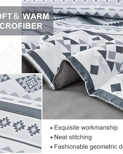 Dinjoy Grey Boho Comforter Set Queen Size,7 Pieces Bed in a Bag Queen Light Gray Aztec Bedding Sets with Sheets Bohemian Geometric Striped Complete Set for All Seasons 90"x90" - LeafyLoom
