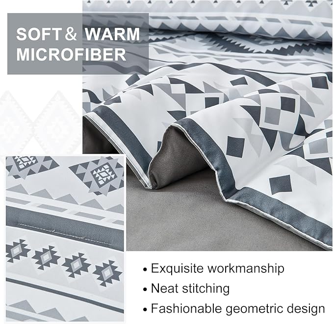 Dinjoy Grey Boho Comforter Set Queen Size,7 Pieces Bed in a Bag Queen Light Gray Aztec Bedding Sets with Sheets Bohemian Geometric Striped Complete Set for All Seasons 90"x90" - LeafyLoom