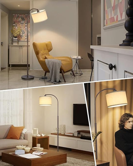 Boncoo Dimmable Floor Lamp, Arc Standing Lamp with Stepless Dimmer, Brown Floor Lamp with Adjustable Linen Beige Shade for Living Room Bedroom Study Room Office, 9W 3000K LED Bulb Included - LeafyLoom