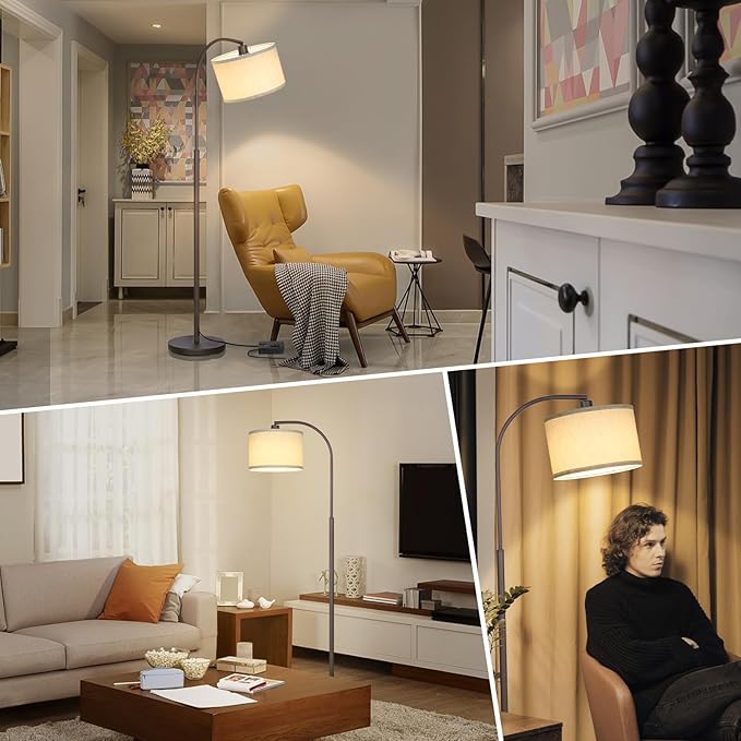 Boncoo Dimmable Floor Lamp, Arc Standing Lamp with Stepless Dimmer, Brown Floor Lamp with Adjustable Linen Beige Shade for Living Room Bedroom Study Room Office, 9W 3000K LED Bulb Included - LeafyLoom