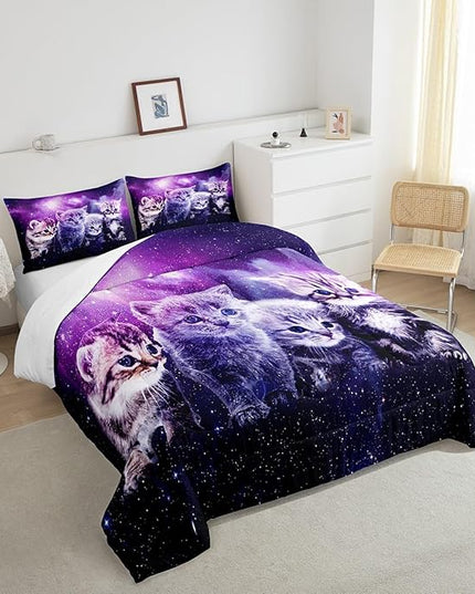 Cat Comforter Cute Pet Cats Pattern Bedding Set Outer Space Kawaii Kitten Comforter Set for Children Kids Boys Girls Cartoon 3D Animal Theme Galaxy Duvet Set Purple Room Decor Quilt Set Queen Size - LeafyLoom