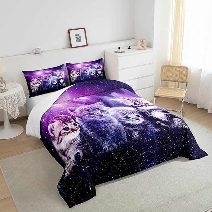 Cat Comforter Cute Pet Cats Pattern Bedding Set Outer Space Kawaii Kitten Comforter Set for Children Kids Boys Girls Cartoon 3D Animal Theme Galaxy Duvet Set Purple Room Decor Quilt Set Queen Size - LeafyLoom