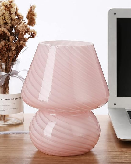 BSOD Pink Mushroom Lamp,Glass Mushroom Bedside Table Lamps Translucent Murano Vintage Style Striped Small Nightstand Desklamp Swirl Light for Home Decor, Dining, Living, Bedroom, Gift (Stripe Pink) - LeafyLoom