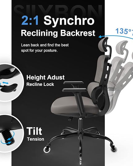 Ergonomic Office Chair - Mesh Office Chair High Back, Rolling Desk Chair, Executive Swivel Chair, Computer Chair with 3D Adjustable Armrest, 3D Lumbar Support, Blade Wheels, Adjustable Headrest - LeafyLoom