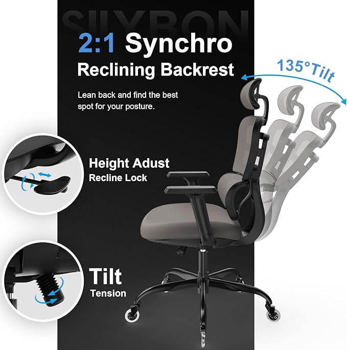 Ergonomic Office Chair - Mesh Office Chair High Back, Rolling Desk Chair, Executive Swivel Chair, Computer Chair with 3D Adjustable Armrest, 3D Lumbar Support, Blade Wheels, Adjustable Headrest - LeafyLoom