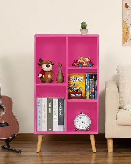 LEYAOYAO 5 Cube Bookshelf, 3-Tier Bookcase with Legs, Pink Kids Book Shelf Cute Storage Organizer, Free standing Open Toy Shelves Modern Bookshelves,Wood Display Bookcases for Bedroom,Living Room - LeafyLoom