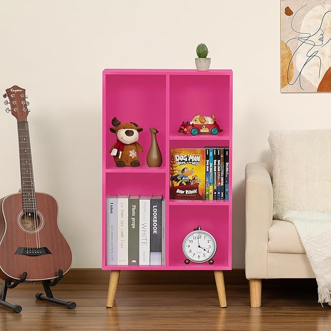 LEYAOYAO 5 Cube Bookshelf, 3-Tier Bookcase with Legs, Pink Kids Book Shelf Cute Storage Organizer, Free standing Open Toy Shelves Modern Bookshelves,Wood Display Bookcases for Bedroom,Living Room - LeafyLoom
