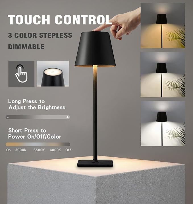 2 Pack Cordless Table lamp, 5200mAh Battery Operated Lamp,3 Color Stepless Dimming Desk Lamp,IP54 Waterproof Outdoor Table Lamps for Restaurant/Bedroom/Bars/Camping/Cafe Night Light (Black-2) - LeafyLoom
