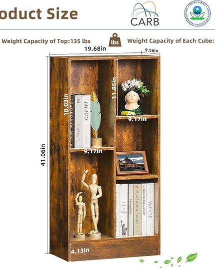 LEYAOYAO 5 Cube Mid-Century Modern Brown Wood Bookcase, 3 Tier Storage Organizer Shelf, Rustic Display Cabinet for Bedroom, Living Room, Office - LeafyLoom