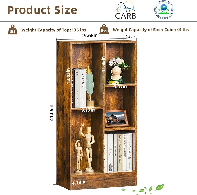 LEYAOYAO 5 Cube Mid-Century Modern Brown Wood Bookcase, 3 Tier Storage Organizer Shelf, Rustic Display Cabinet for Bedroom, Living Room, Office - LeafyLoom