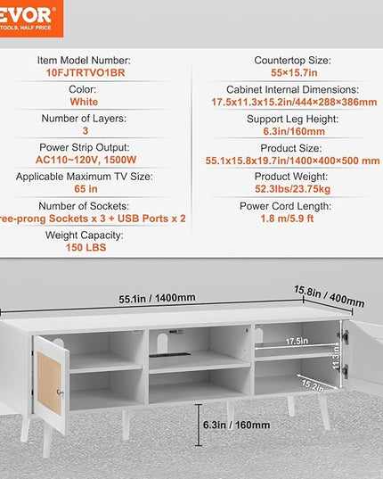 VEVOR Rattan TV Stand for 65 inch TV, Boho TV Stand with Rattan Door, Entertainment Center with Build-in Socket and USB Ports, Modern TV Console for Living Room, Media Room, White - LeafyLoom