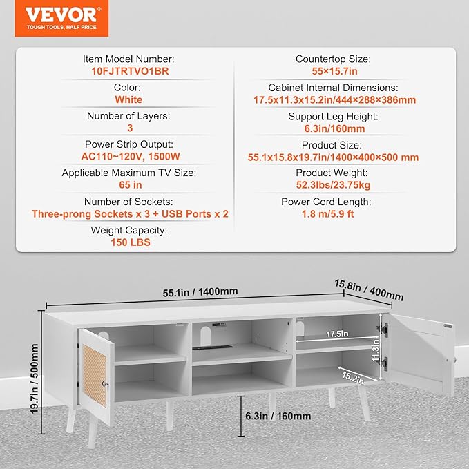 VEVOR Rattan TV Stand for 65 inch TV, Boho TV Stand with Rattan Door, Entertainment Center with Build-in Socket and USB Ports, Modern TV Console for Living Room, Media Room, White - LeafyLoom